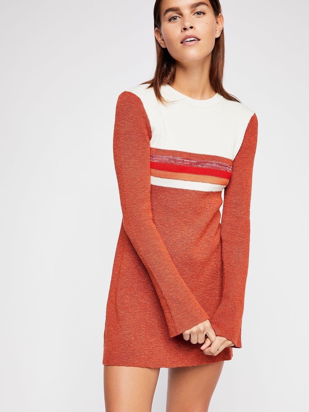Free People Colorblock Swit Mini Dress Retro Sweater Dress Terracotta SP